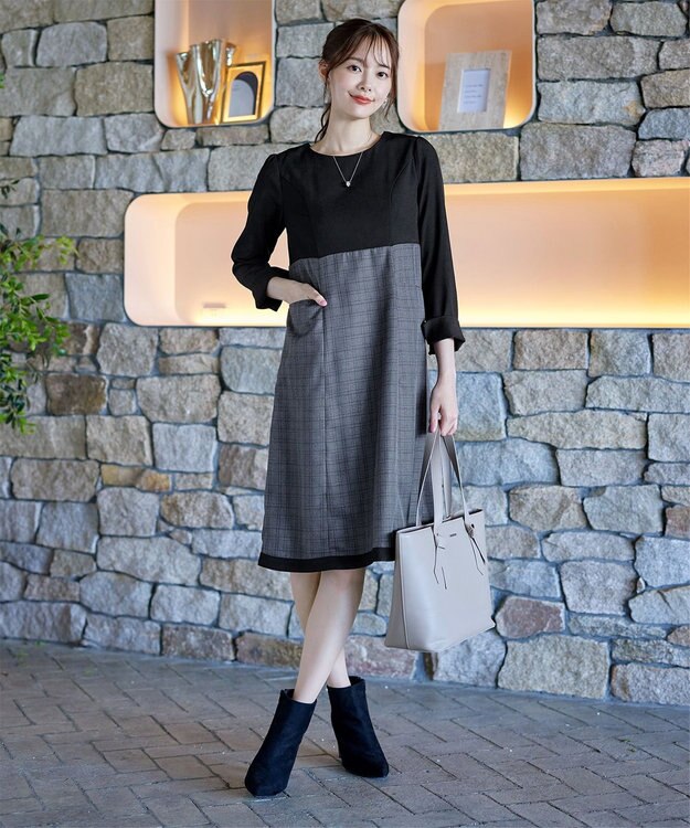 Tiaclasse 【洗える】チェックコンビエンパイアワンピース チャコールチェック