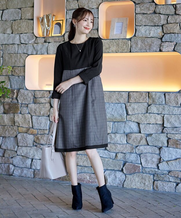 Tiaclasse 【洗える】チェックコンビエンパイアワンピース チャコールチェック