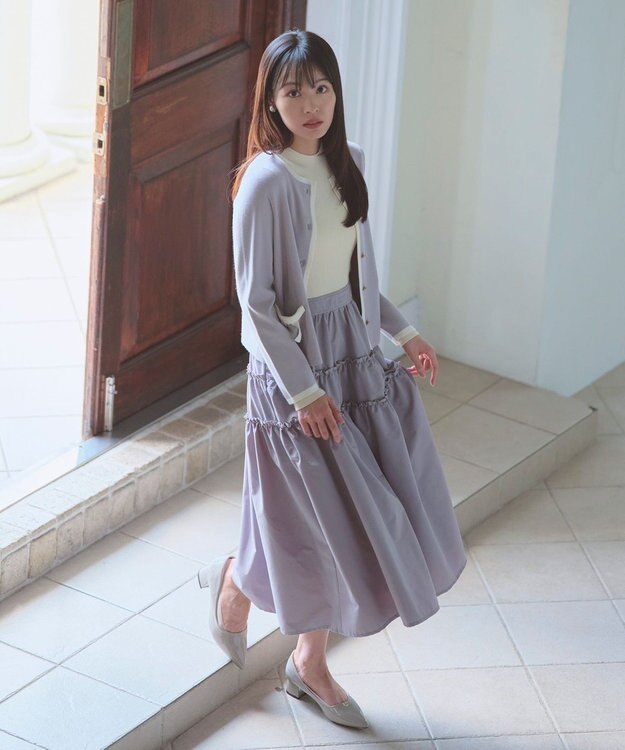 Feroux バイカラーリボンニット カーディガン スカイブルー系