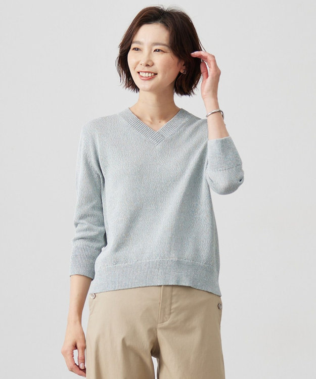 J.PRESS LADIES 【洗える】GIMA COTTON ミックスカラー Vネック ニット ミントMIX系