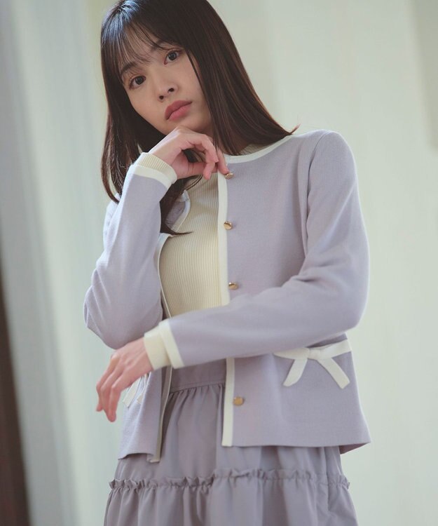 Feroux バイカラーリボンニット カーディガン スカイブルー系