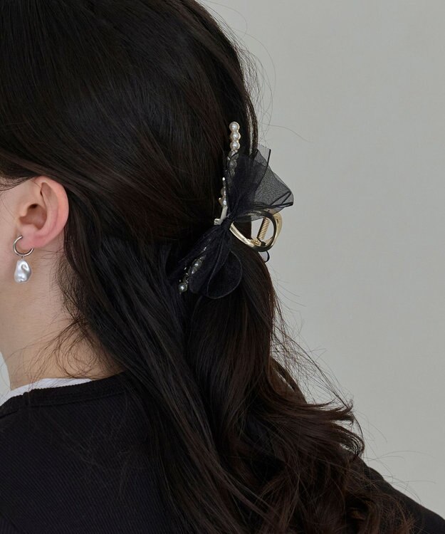 Phoebe オーガンジーリボンパールバンスクリップ ブラック