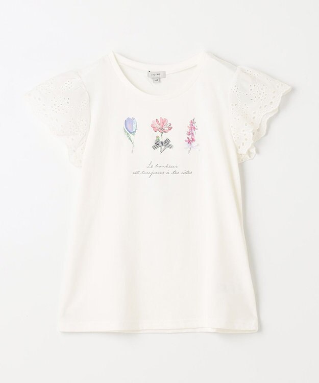 ANY KIDS フラワー スパンコール Tシャツ オフホワイト