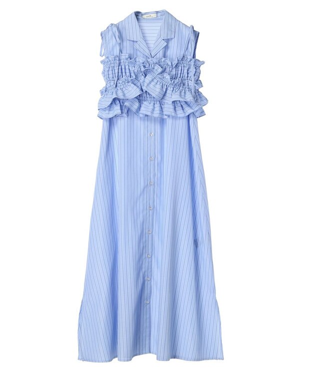 earth music&ecology ＳＥＴ２点シャーリングビスチェ×シャツワンピース Stripe Blue