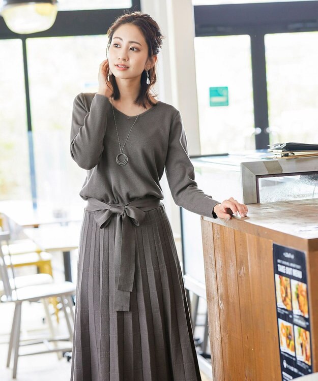 Tiaclasse L 【洗える】1枚で着映えするチェック柄編みニットワンピース モカ