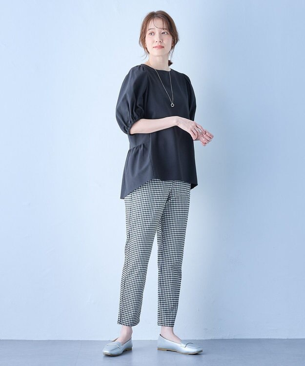 ANY サッカーギャザーバックペプラムブラウス ブラック