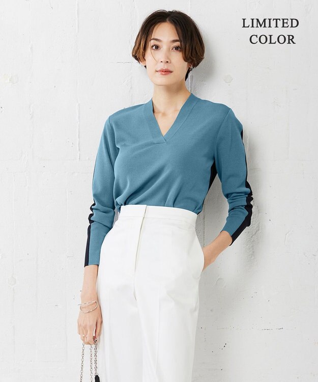 ICB 【洗える】 シンセティックフルニードル Vネックプルオーバー ライトブルーグレー×ネイビー系［WEB限定］