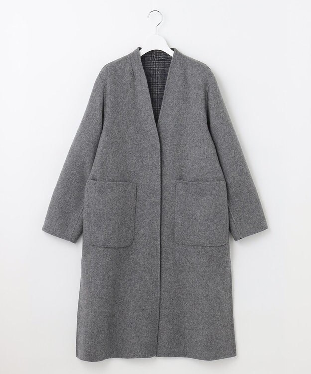 自由区 【リバーシブル】ウールリバー ノーカラーロングコート グレー系