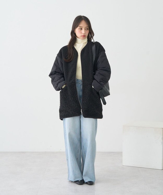 earth music&ecology ボアキルトミドルコート Black