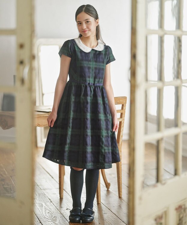 組曲 KIDS 【150-170㎝】クラシックチェック ワンピース グリーン系3
