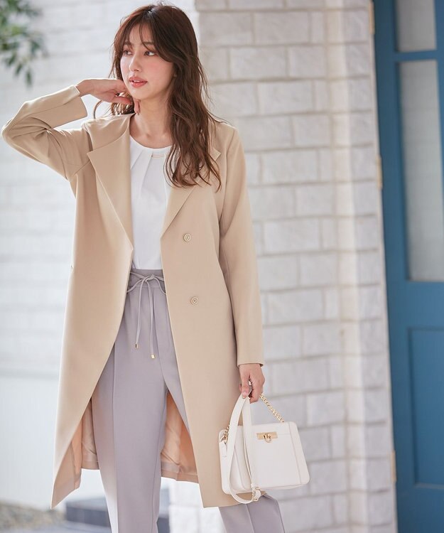 ANY SIS ノーカラーロングテロンチ コート ベージュ