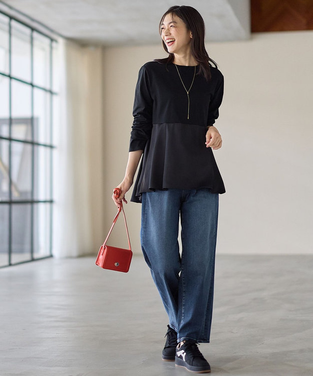 ANY L 【WEB限定】サテンコンビペプラムカットソー ブラック