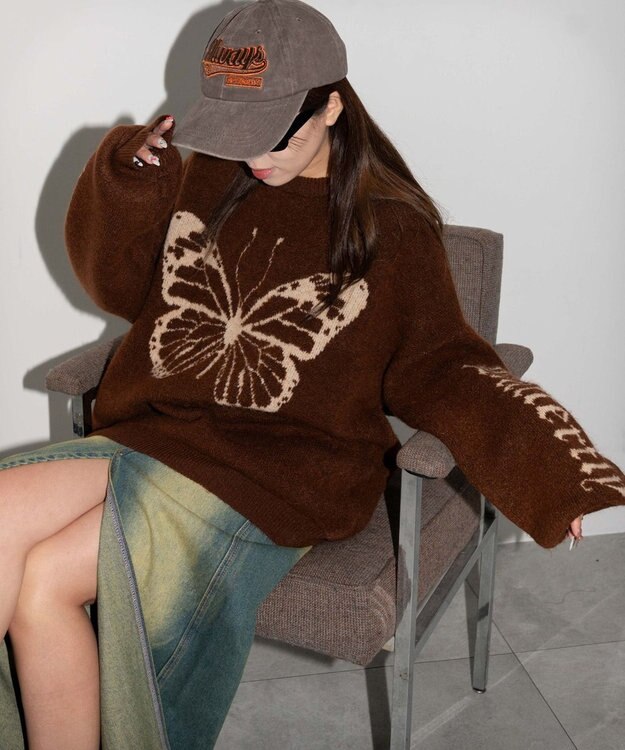 WEGO モチーフグラフィックフラッフィーニットプルオーバー ブラウン