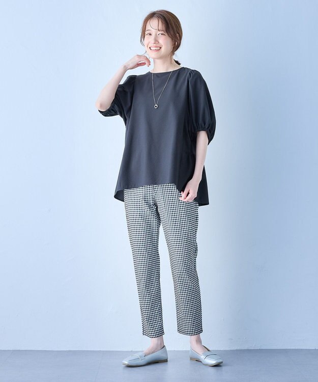 ANY サッカーギャザーバックペプラムブラウス ブラック