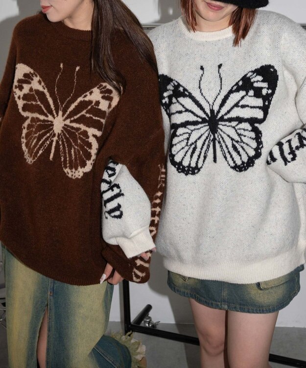 WEGO モチーフグラフィックフラッフィーニットプルオーバー ブラウン