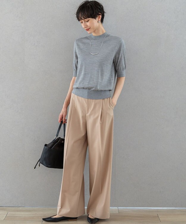 23区 S 【洗える】サステナブルウール モックネック 5分袖 ニット ライトグレー系