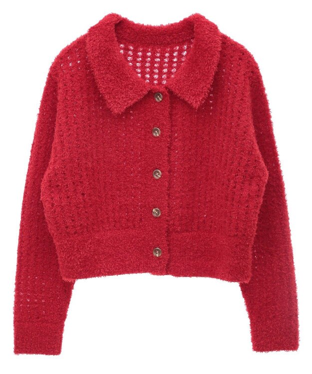 earth music&ecology 格子編み襟付きニットカーディガン Red