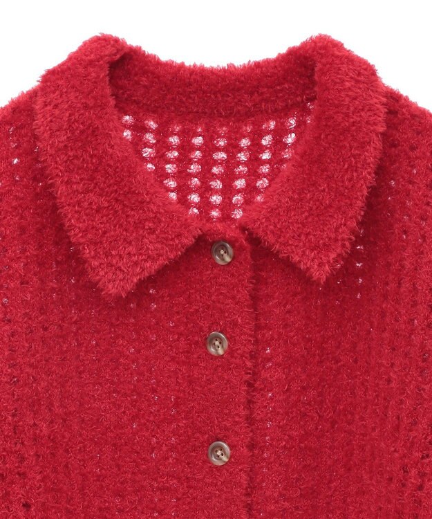 earth music&ecology 格子編み襟付きニットカーディガン Red