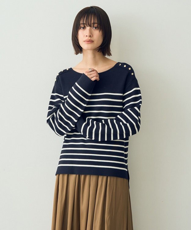 YECCA VECCA ミラノリブ金釦ニット Border Navy