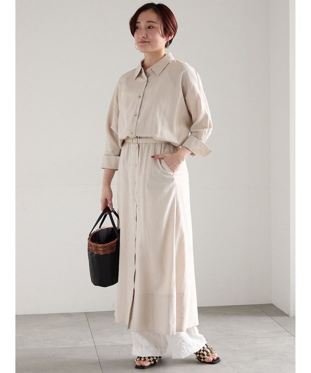 Te chichi レーヨンリネン共ベルトシャツワンピース ベージュ