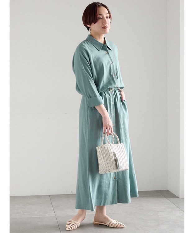 Te chichi レーヨンリネン共ベルトシャツワンピース グリーン