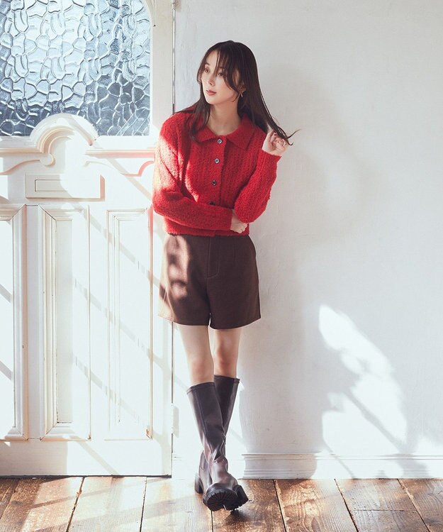 earth music&ecology 格子編み襟付きニットカーディガン Red