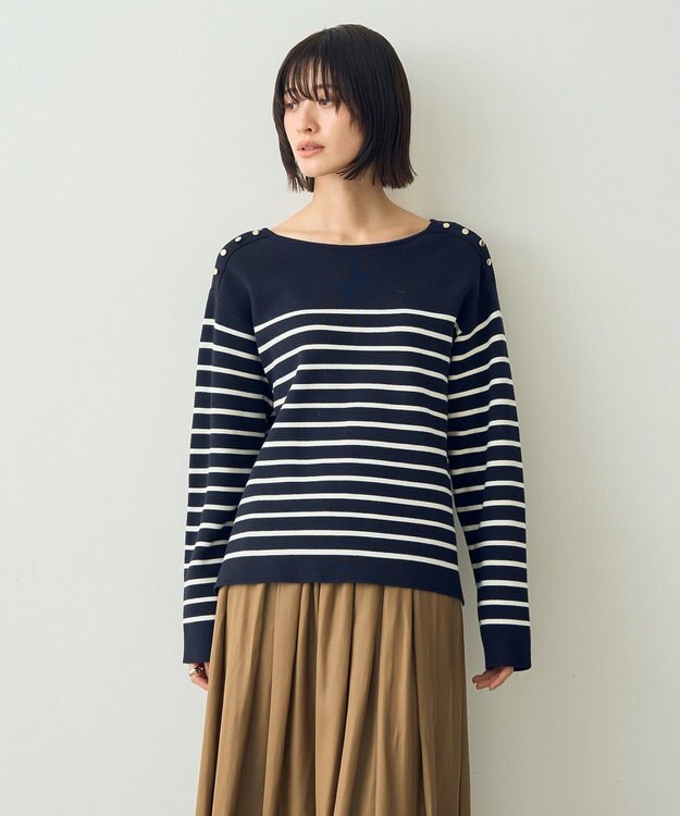YECCA VECCA ミラノリブ金釦ニット Border Navy