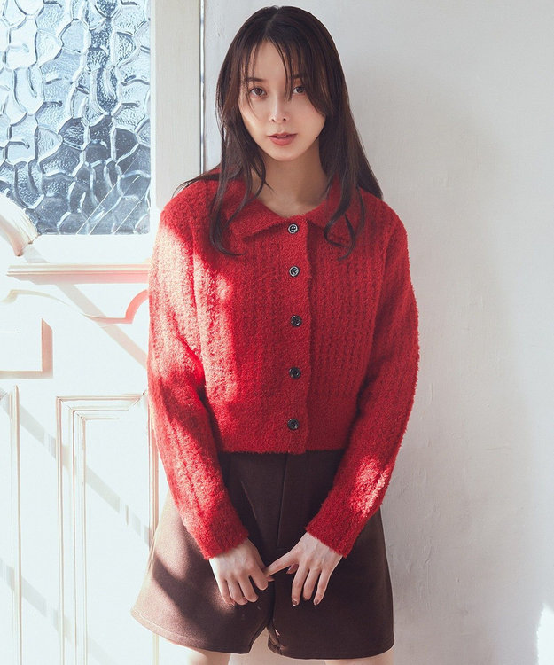 earth music&ecology 格子編み襟付きニットカーディガン Red
