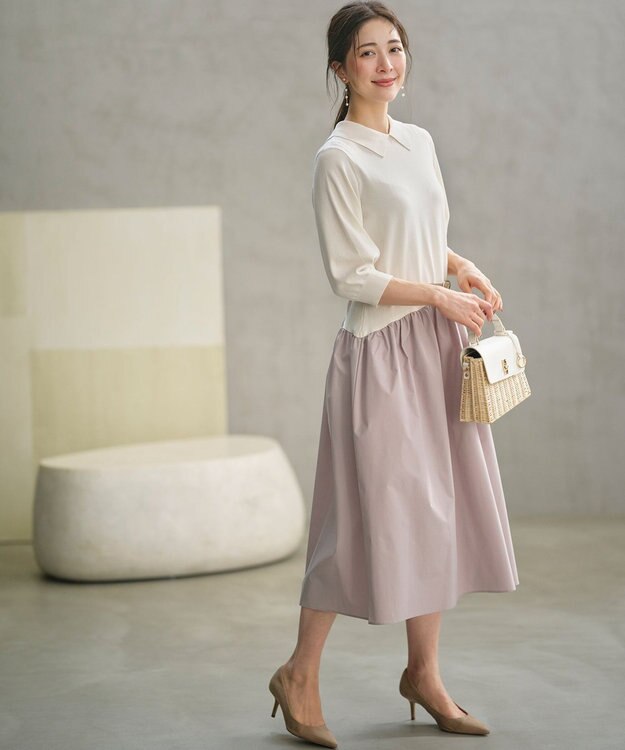 組曲 襟付きドッキング ニットワンピース ベージュ系