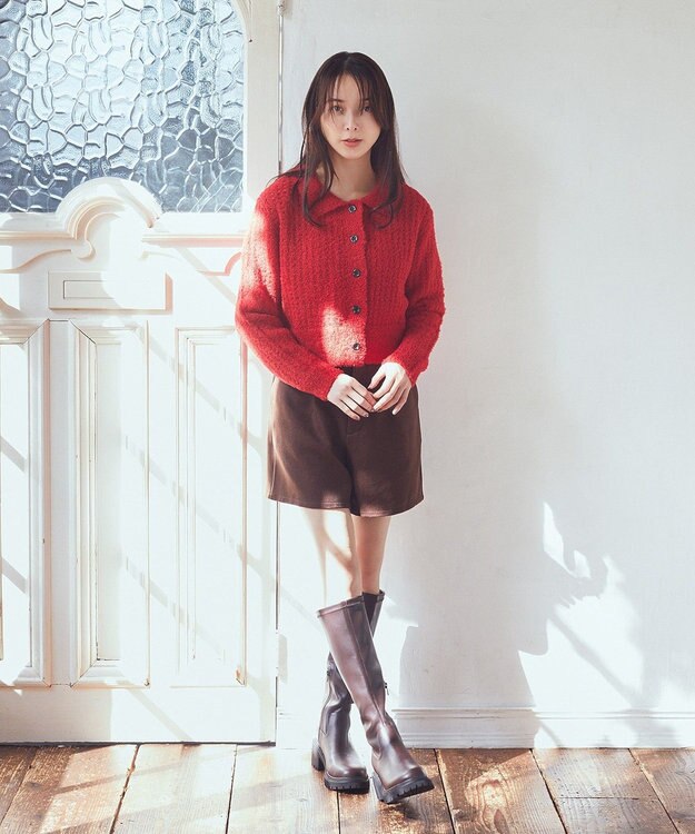 earth music&ecology 格子編み襟付きニットカーディガン Red