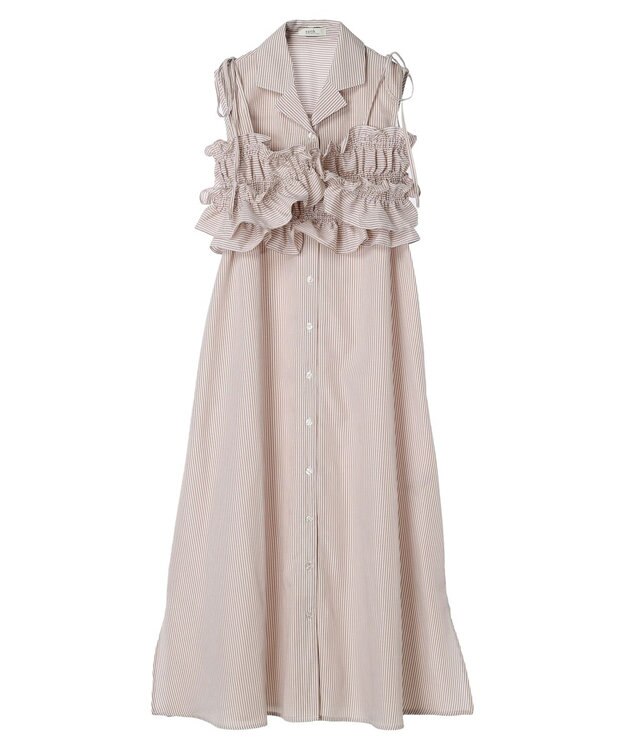 earth music&ecology ＳＥＴ２点シャーリングビスチェ×シャツワンピース Stripe Beige