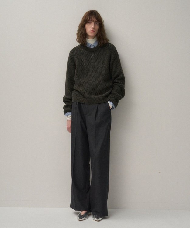 ATON WOOL CASHMERE ALPACA | メッシュクルーネックセーター KHAKI