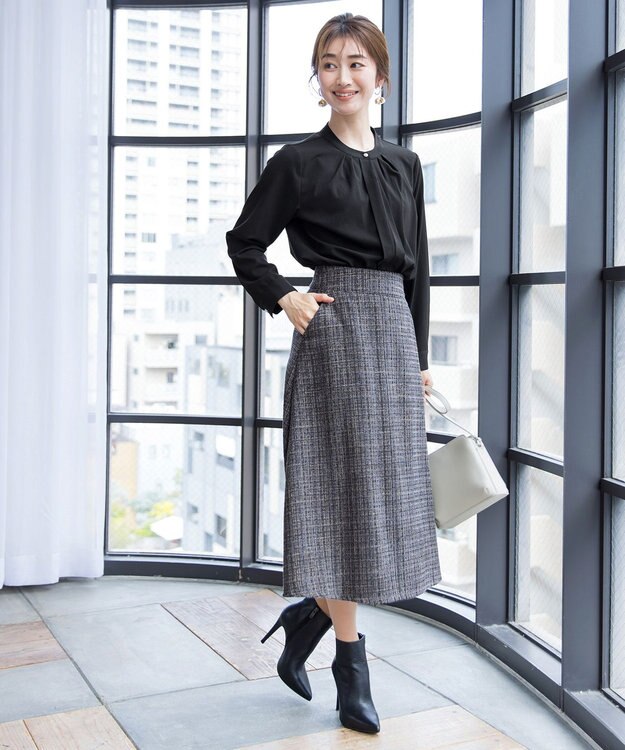 Tiaclasse 【洗える】大人華やかなツイードフレアスカート チャコールグレー