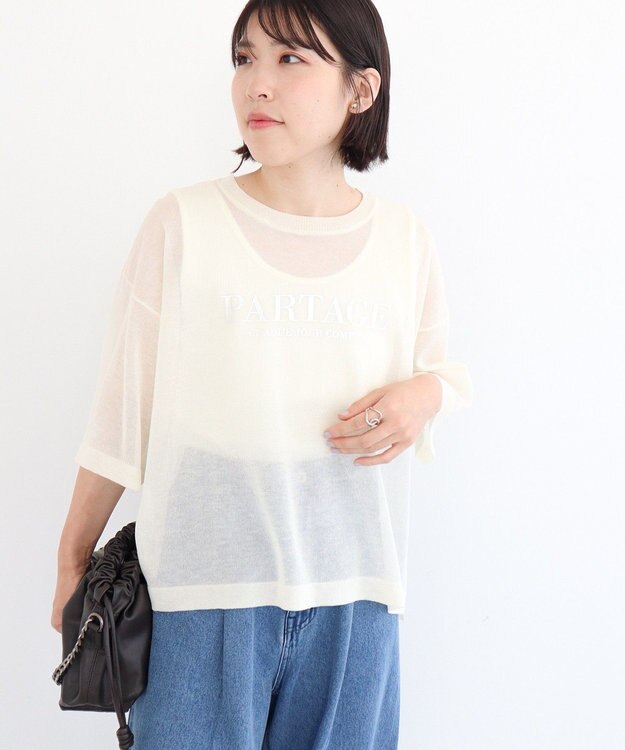 Green Parks アソートロゴ半袖シアーニットプルオーバー Ecru