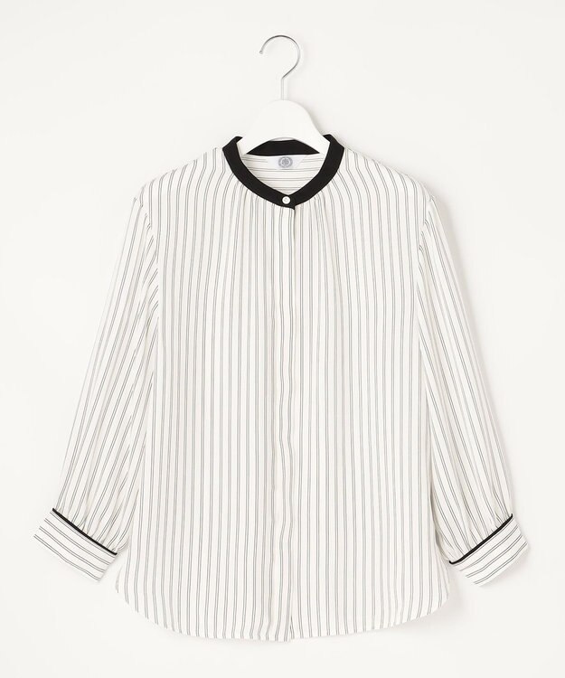 J.PRESS LADIES 【洗える】 バックサテンランダムストライプ バンドカラー ブラウス ホワイト系1