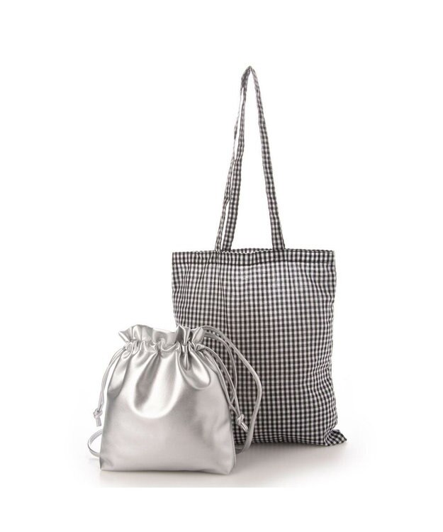 UNBILLION cachecache ギンガムチェックトート付き巾着ショルダー シルバー