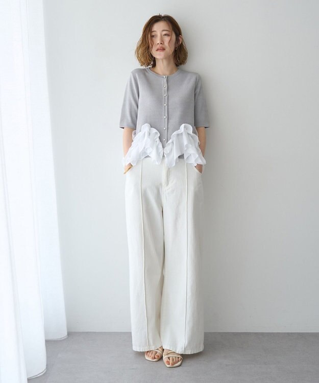 YECCA VECCA パール釦ラッフル5分袖カーディガン Gray mixture