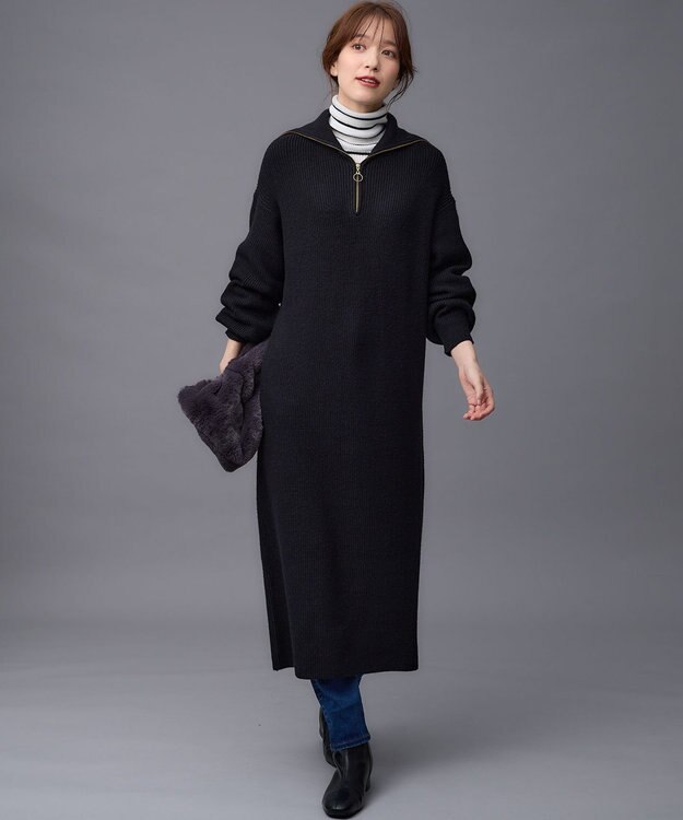 ANY L ハーフジップニットワンピース ブラック