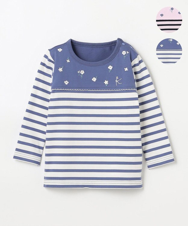 組曲 KIDS 【90-100㎝】フラワー刺繍ボーダー Tシャツ ダスクブルー系