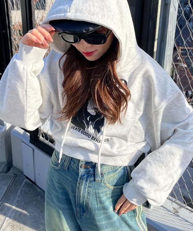 WEGO ガールプリントプルパーカー 杢グレー