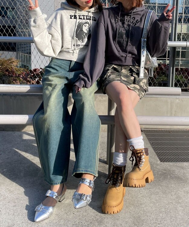 WEGO ガールプリントプルパーカー 杢グレー