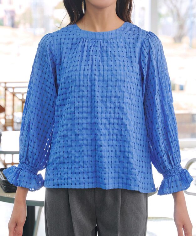 Tiaclasse シアーチェックブラウス ブルー