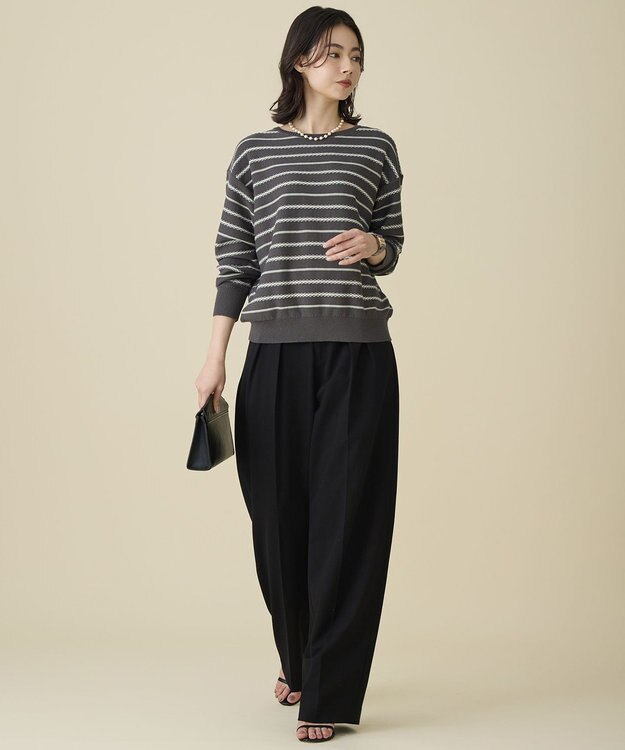 自由区 コットンポリミドルゲージボーダー ニット グレー×イエロー