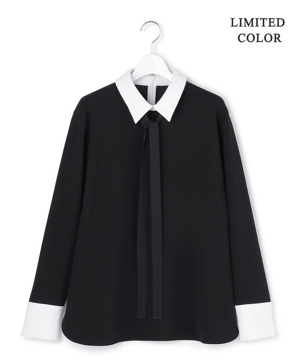 ICB 【人気のため追加生産・WEB限定カラーあり】マラボーテＷジョーゼット ボウタイ付きシャツカラートップス ブラック×レース襟［WEB限定］