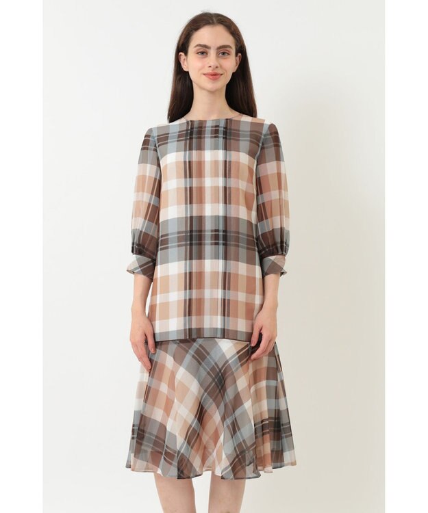 DAKS ビッグトランスチェックシフォンワンピース ベージュ