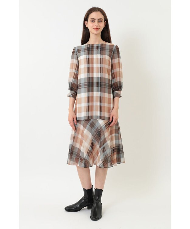 DAKS ビッグトランスチェックシフォンワンピース ベージュ