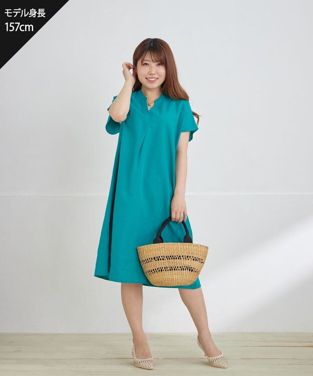 Tiaclasse 【洗える】リネンミックススキッパーシャツワンピース グリーン