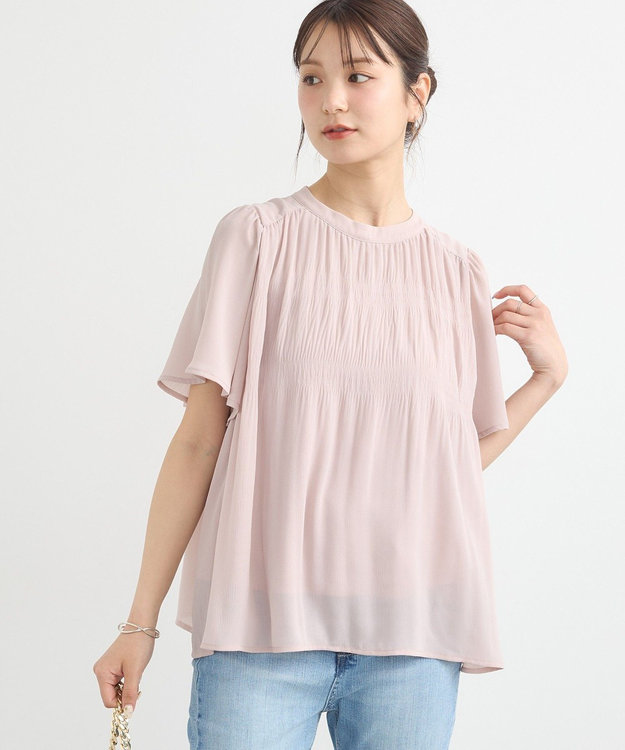 earth music&ecology マジョリカプリーツ半袖ブラウス Pink Beige