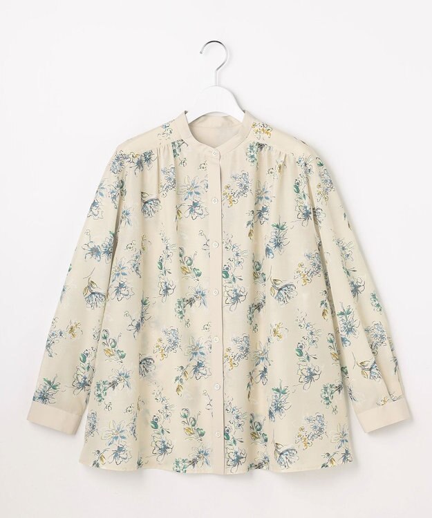 自由区 L エアリーローン花柄プリント ブラウス ベージュ×ブルー