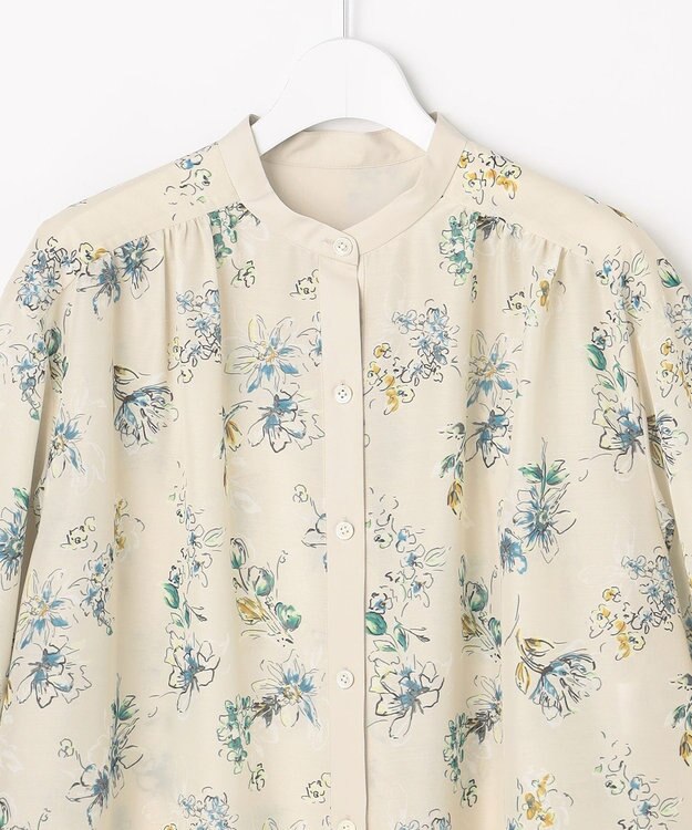 自由区 L エアリーローン花柄プリント ブラウス ベージュ×ブルー